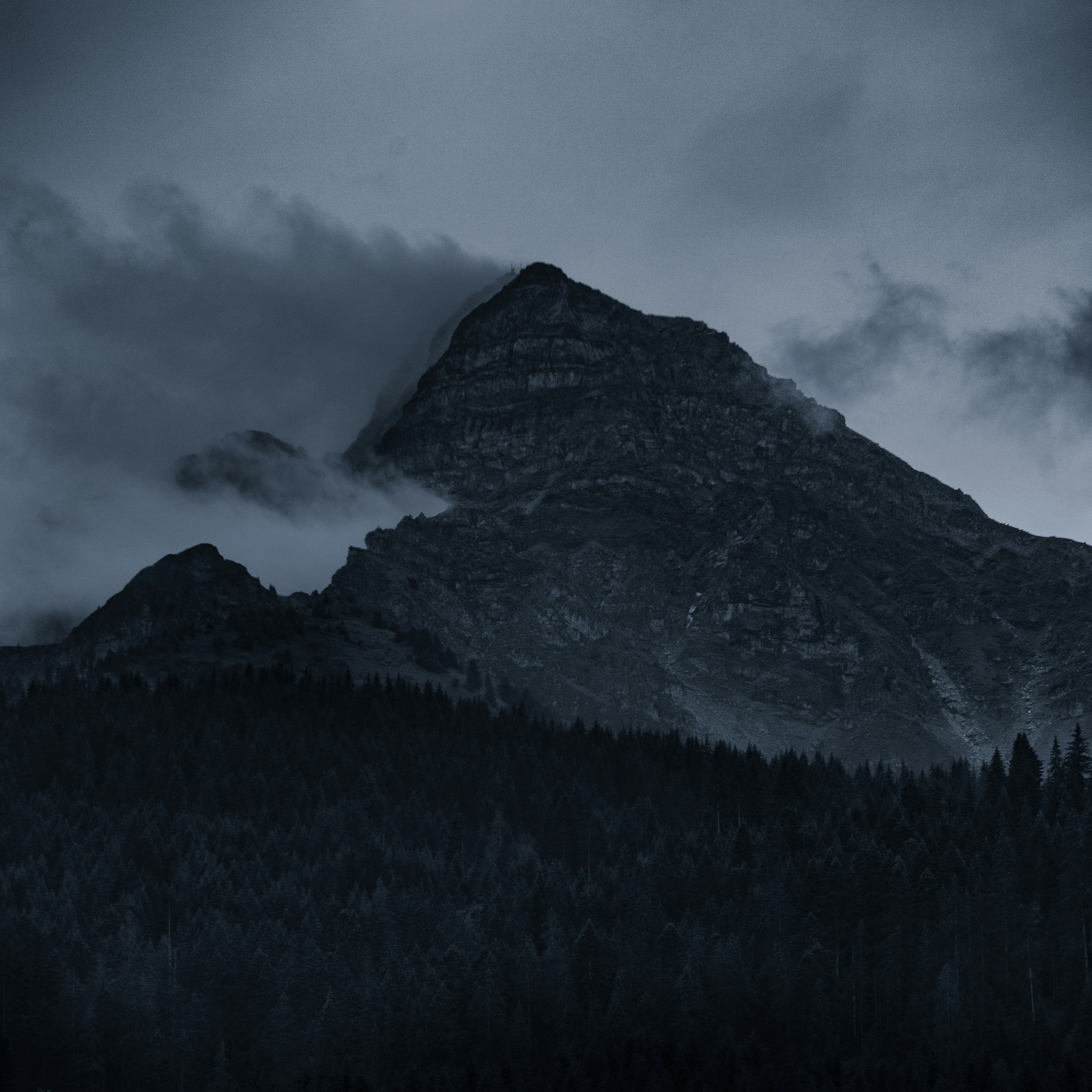 Misty mountains in the dark.